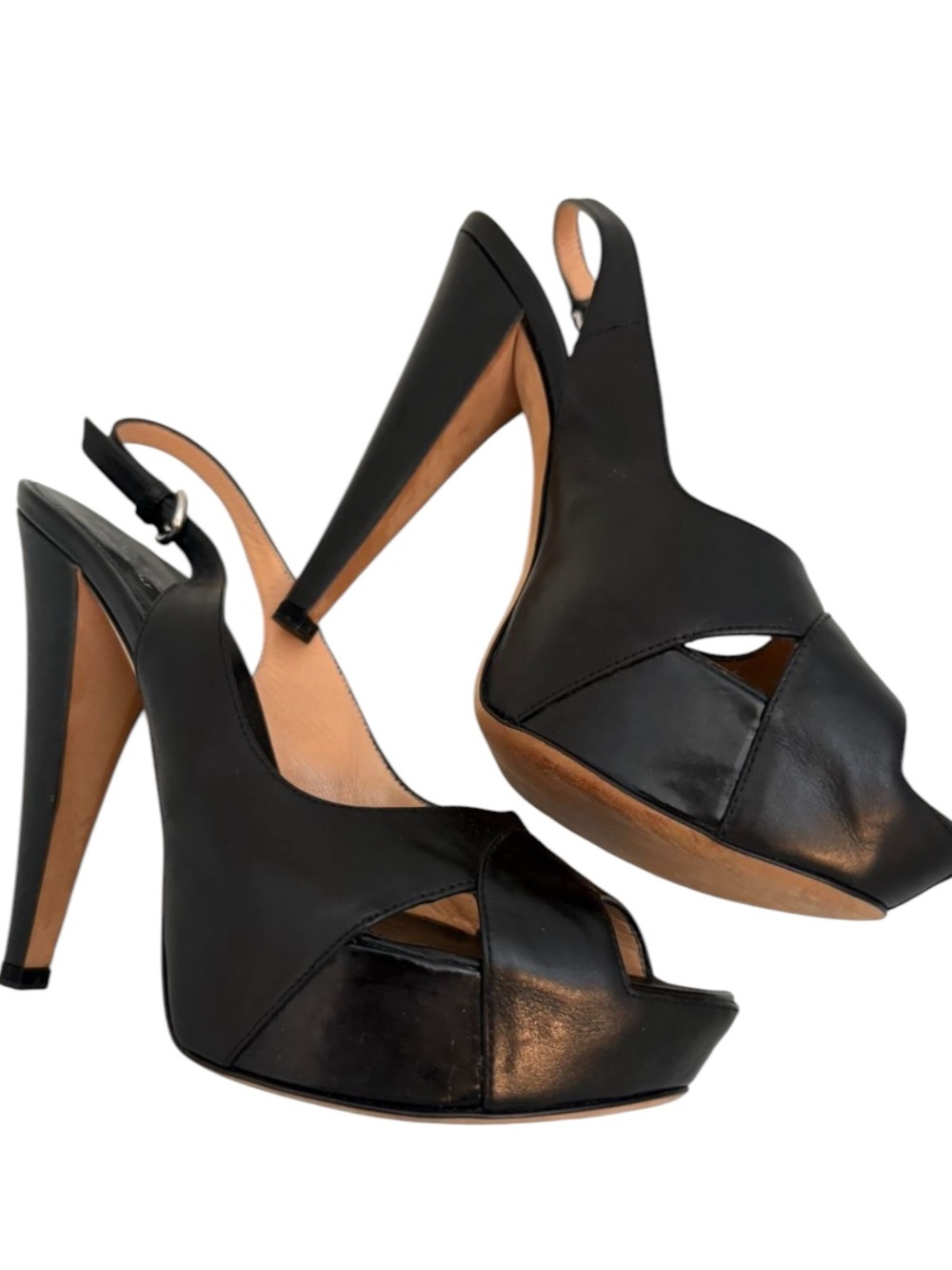 Sergio Rossi Vintage Black Leather Slingback Platform Heels Size 38 Italy EUC